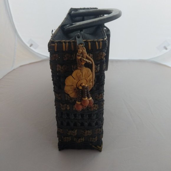 Vintage black woven straw and fabric rectangle box handbag made in Thailand - Picture 5 of 11